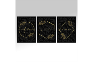 QUADRO TRIPLO GRANDE FE GRATIDAO AMOR ORETO E DOURADO REF-TG43