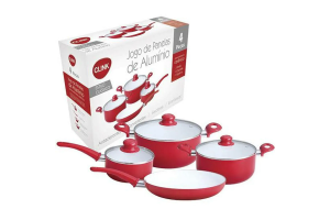 JOGO DE PANELAS DE ALUMINIO COM REVESTIMENTO CERAMICO VERMELHO 4PCS REF-CK823