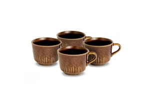JOGO DE XICARAS CHÁ RELEVO PORCELANA 4 PÇS MARROM